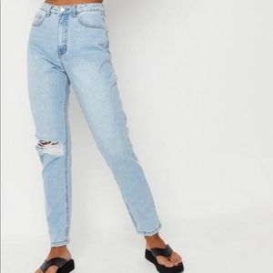 Missguided Light Blue Riot High-Waisted Ripped Mom Jeans